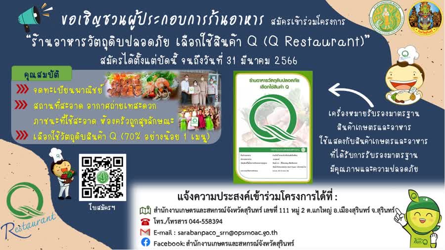 จ.สุรินทร์ รับสมัครผู้ประกอบการร้านอาหารในพื้นที่สุรินทร์ เข้าร่วมโครงการ “ร้านอาหารวัตถุดิบปลอดภัย เลือกใช้สินค้า Q(Q RESTAURANT)” ประจำปี 2566