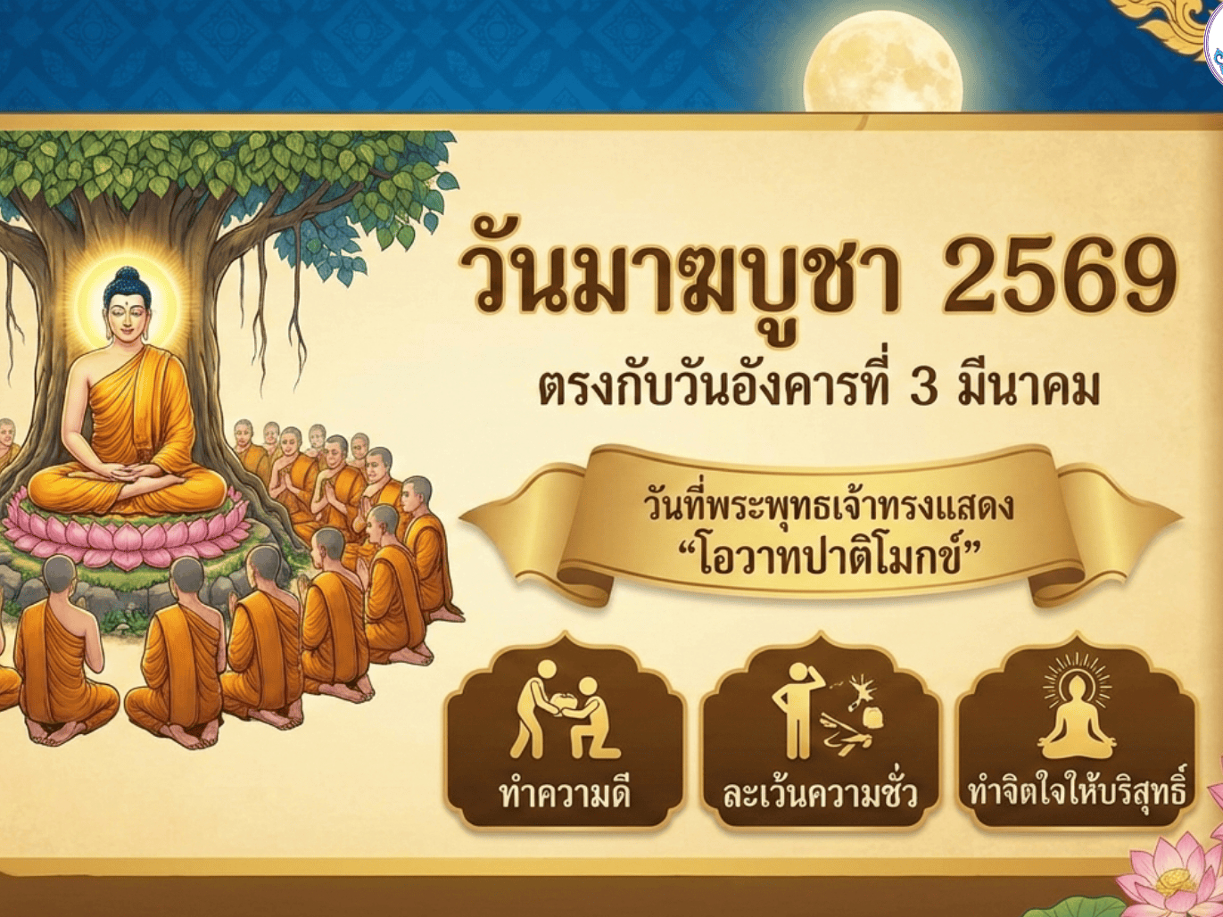 3 มีนาคม วันมาฆบูชา "ทำความดี ละเว้นความชั่ว ทำจิตใจให้บริสุทธิ์"
