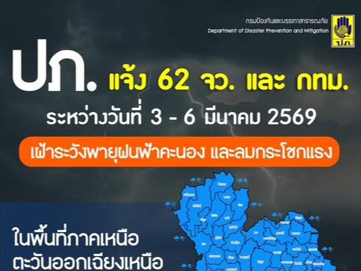 ปภ. แจ้ง 62 จังหวัด เหนือ อีสาน กลาง และ กทม. เตรียมรับมือพายุฝนฟ้าคะนอง และลมกระโชกแรง ช่วงวันที่ 3 - 6 มี.ค. 69
