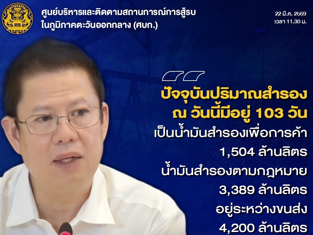 พลังงานยันสต๊อกน้ำมันไทยพอใช้ 103 วัน เร่งกระจายเชื้อเพลิง&ndash;คุมเข้มราคา สางปมคลังอ่างทอง