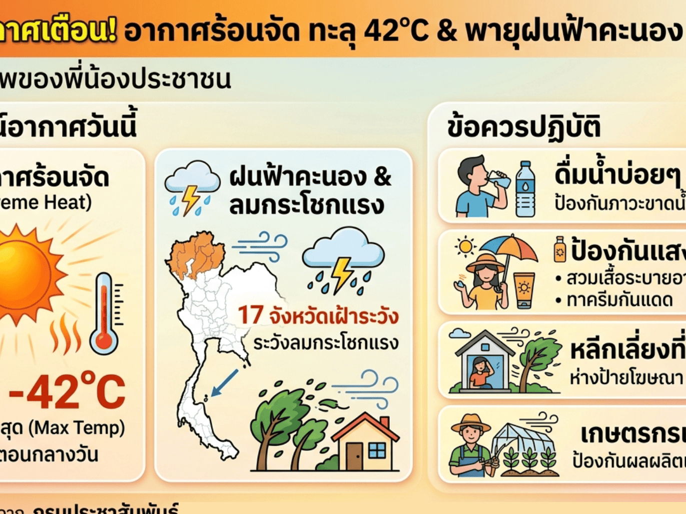 📢 ประกาศเตือน! เตรียมรับมืออากาศร้อนจัด ทะลุ 42 องศาฯ และฝนฟ้าคะนองบางแห่ง ☀️🔥