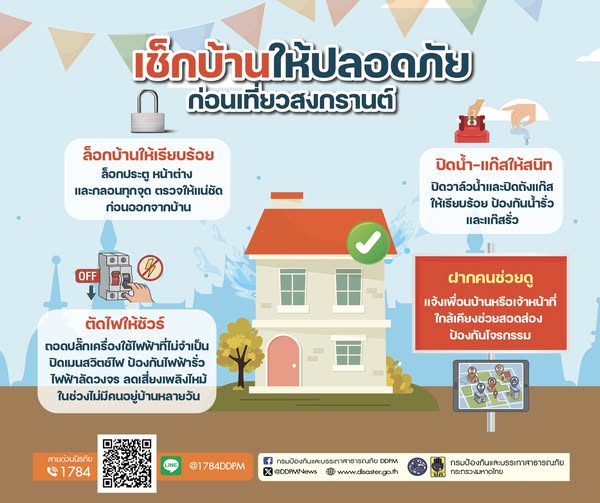 ปภ.แนะเช็กบ้านให้ปลอดภัยก่อนเที่ยวสงกรานต์