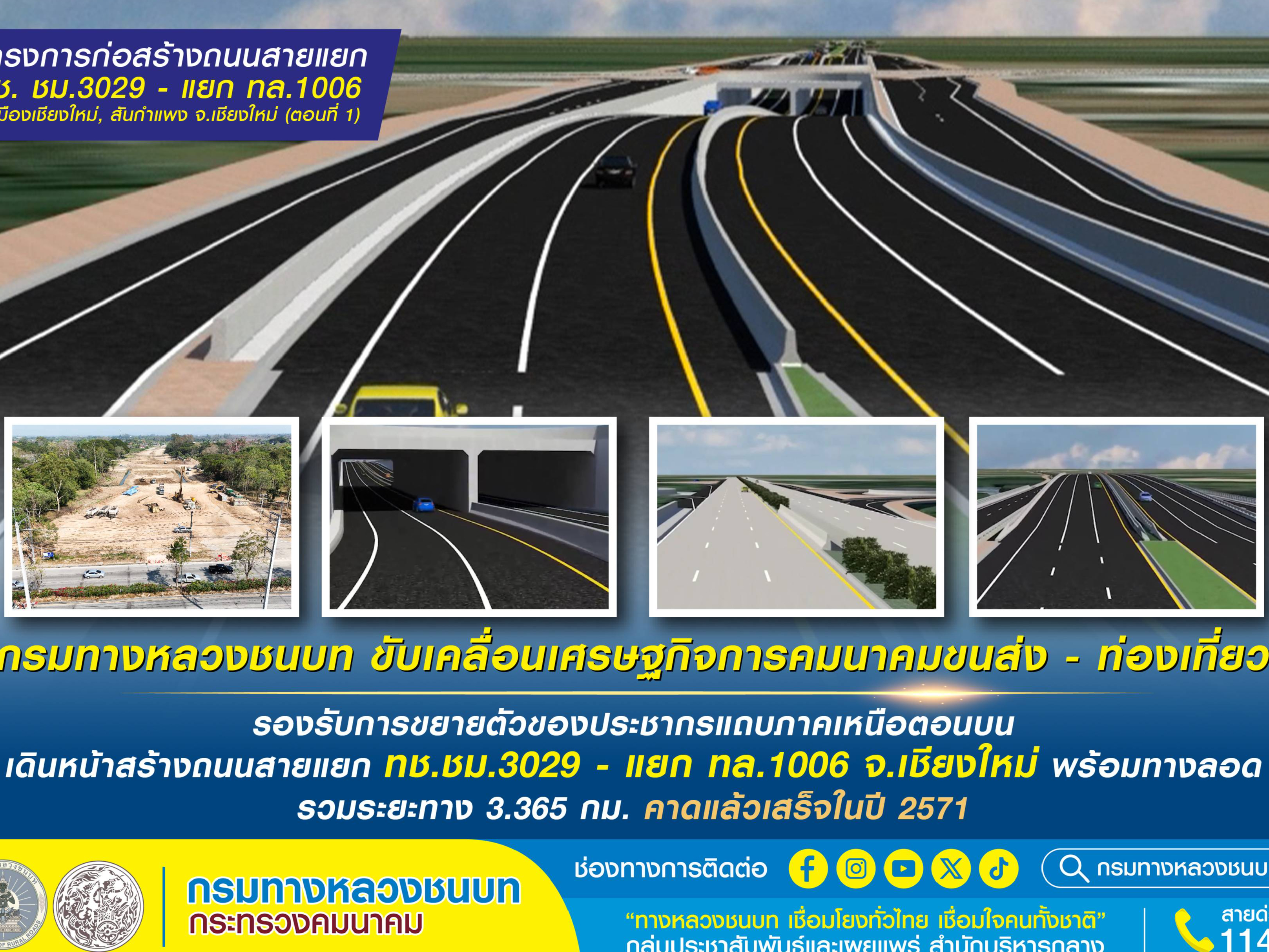 กรมทางหลวงชนบท เดินหน้าสร้างถนนสายแยก ชม.3029 - แยก ทล.1006 จังหวัดเชียงใหม่ คาดแล้วเสร็จปี 2571 เพื่อขับเคลื่อนเศรษฐกิจการคมนาคมขนส่ง - ท่องเที่ยว รองรับการขยายตัวของประชากรแถบภาคเหนือตอนบน