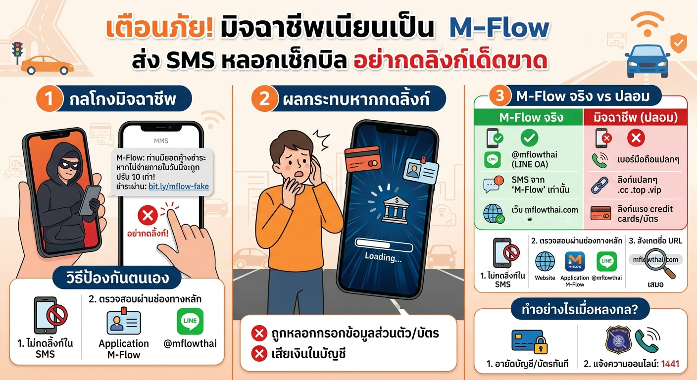 เตือนภัย! มิจฉาชีพเนียนเป็น M-Flow ส่ง SMS หลอกเช็กบิล อย่ากดลิงก์เด็ดขาด
