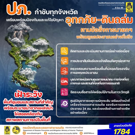 ปภ. ประสานทุกจังหวัด เตรียมพร้อมป้องกันและแก้ไขปัญหาอุทกภัยและดินถล่ม ตามข้อสั่งการนายกฯ พร้อมดูแลประชาชนอย่างทั่วถึง
