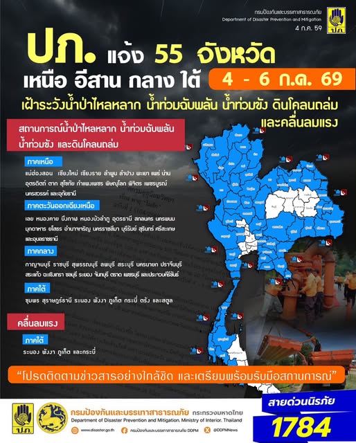 ปภ. แจ้ง 55 จังหวัด เหนือ อีสาน กลาง ใต้ เฝ้าระวังน้ำป่าไหลหลาก น้ำท่วมฉับพลัน น้ำท่วมขัง ดินโคลนถล่ม - ส่วนภาคใต้ 4 จังหวัด เฝ้าระวังคลื่นลมแรง ช่วงวันที่ 4 - 6 ก.ค. 69