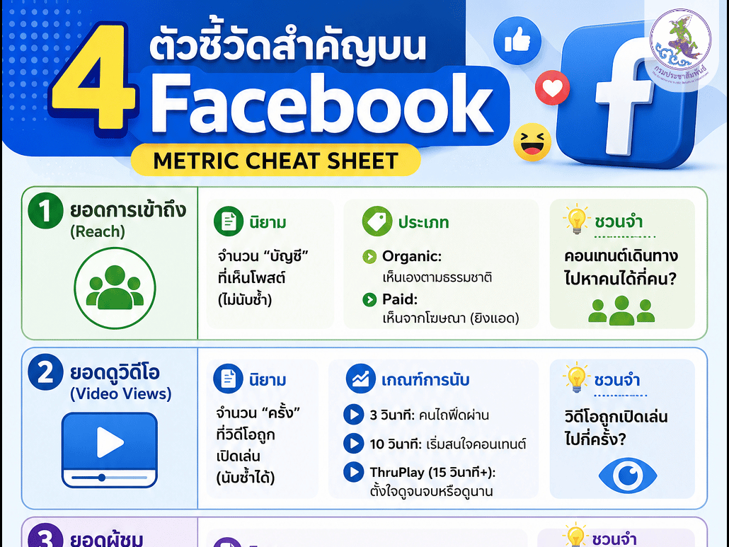 สี่คำนี้เป็น&nbsp;หัวใจสำคัญของการวัดผลบนโซเชียลมีเดีย&nbsp;(เช่น Facebook, TikTok, YouTube) เลยครับ แม้จะฟังดูคล้ายกัน แต่ในเชิงการตลาดดิจิทัลและการทำคอนเทนต์ ทั้งสี่คำนี้บอกพฤติกรรมของคนที่แตกต่างกันอย่างสิ้นเชิง