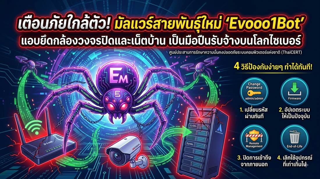 เตือนภัยใกล้ตัว! มัลแวร์สายพันธุ์ใหม่ "Evooo1Bot" แอบยึดกล้องวงจรปิดและเน็ตบ้าน เป็นมือปืนรับจ้างบนโลกไซเบอร์