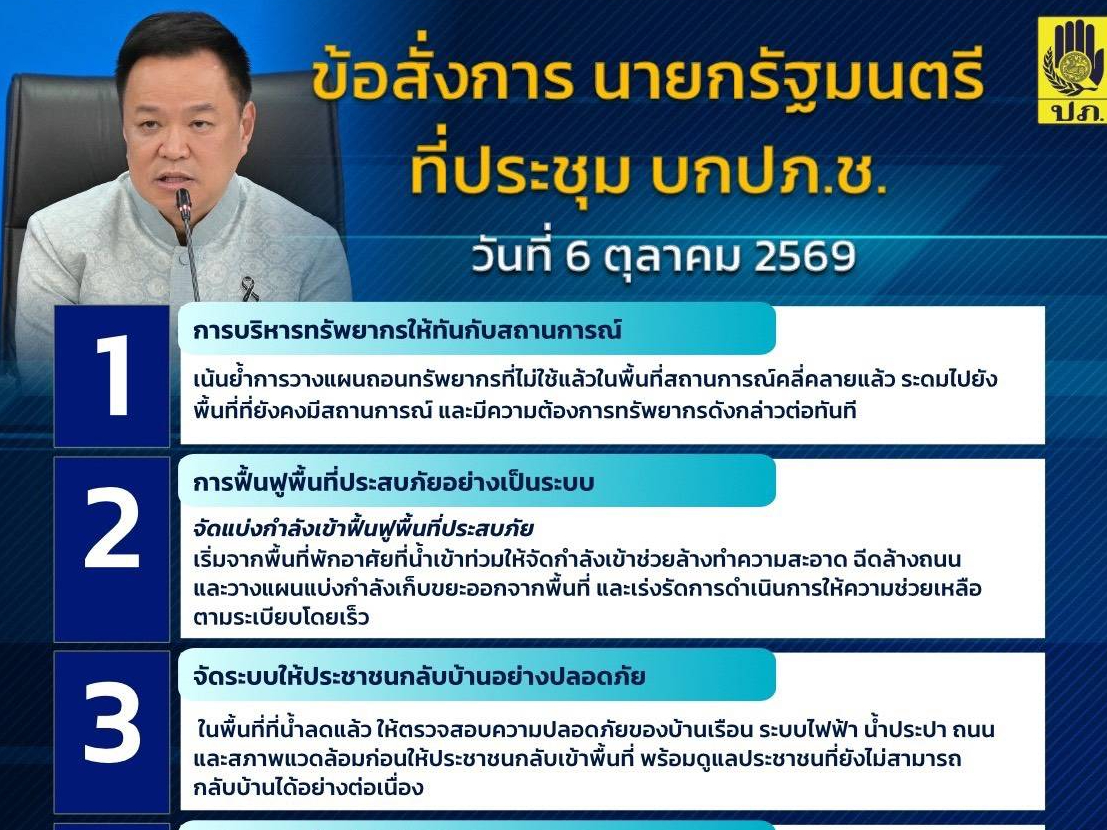 ข้อสั่งการ นายกรัฐมนตรี  ที่ประชุม บกปภ.ช.  วันที่ 6 ตุลาคม 2569