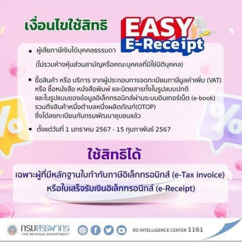 กรมสรรพากรเผยหลักเกณฑ์มาตรการ “Easy E-Receipt” ลดหย่อนสูงสุด 50,000 บาท เริ่ม 1 มกราคม 2567 ถึง 15 กุมภาพันธ์ 2567 เฉพาะที่ได้รับ e-Tax Invoice หรือ e-Receipt เท่านั้น